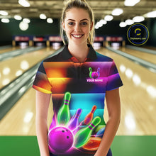 Load image into Gallery viewer, Womens Neon Light Bowling Team Shirts Personalized Colorful Ball &amp; Pins Bowling Attire NYN3449