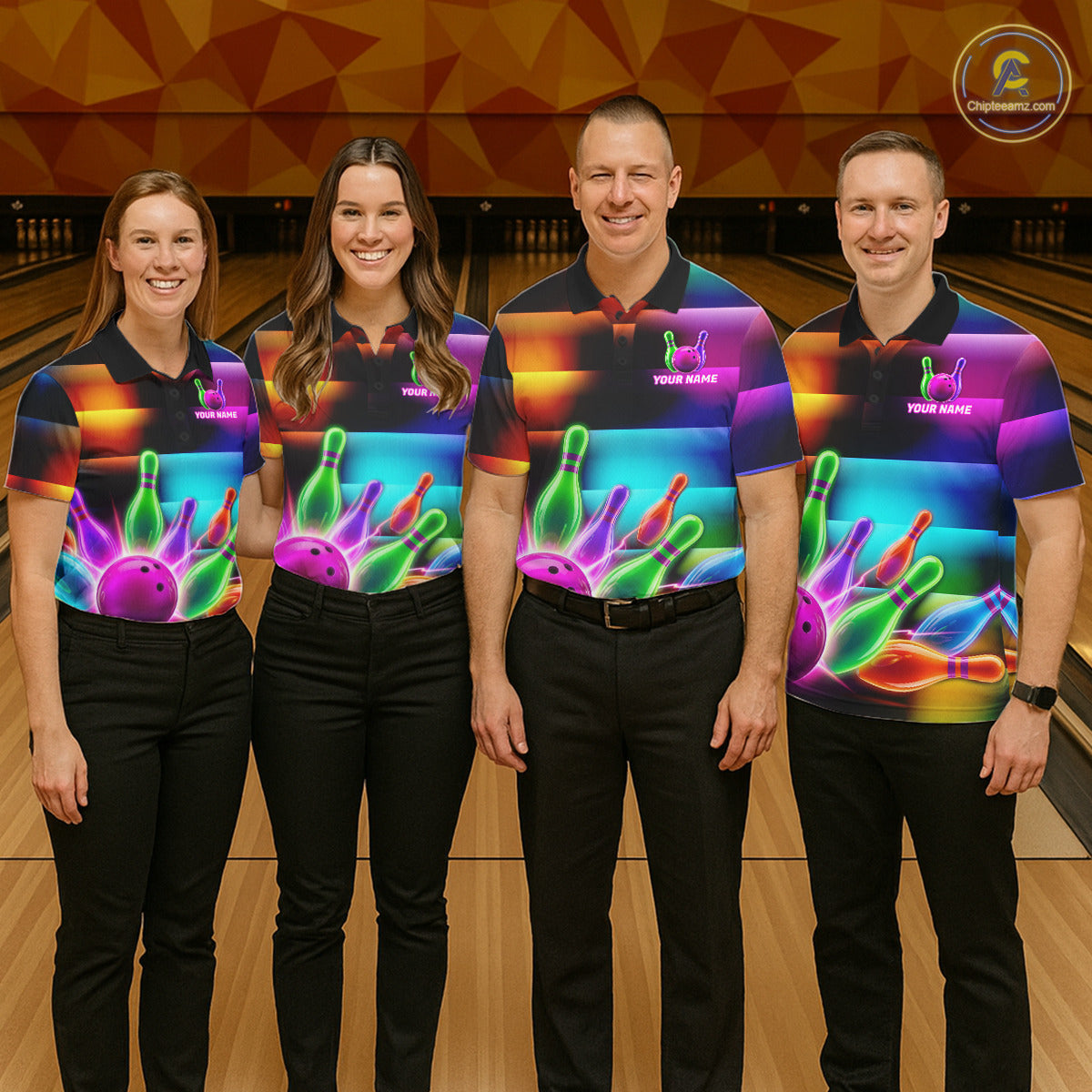 Womens Neon Light Bowling Team Shirts Personalized Colorful Ball & Pins Bowling Attire NYN3449