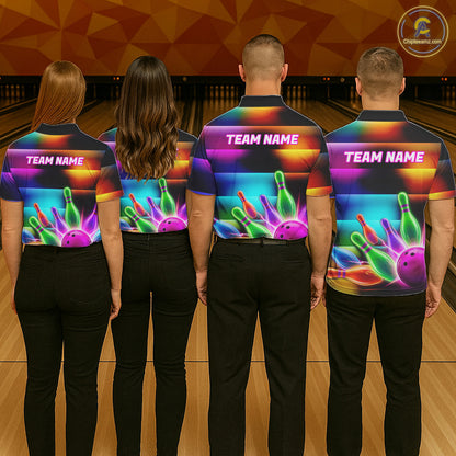 Womens Neon Light Bowling Team Shirts Personalized Colorful Ball & Pins Bowling Attire NYN3449