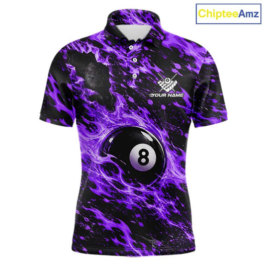 Fire Flame 8 Ball Pool Shirt For Men Custom Billiard League Team Polo & 1/4 Zip Jersey | Purple NYN4025