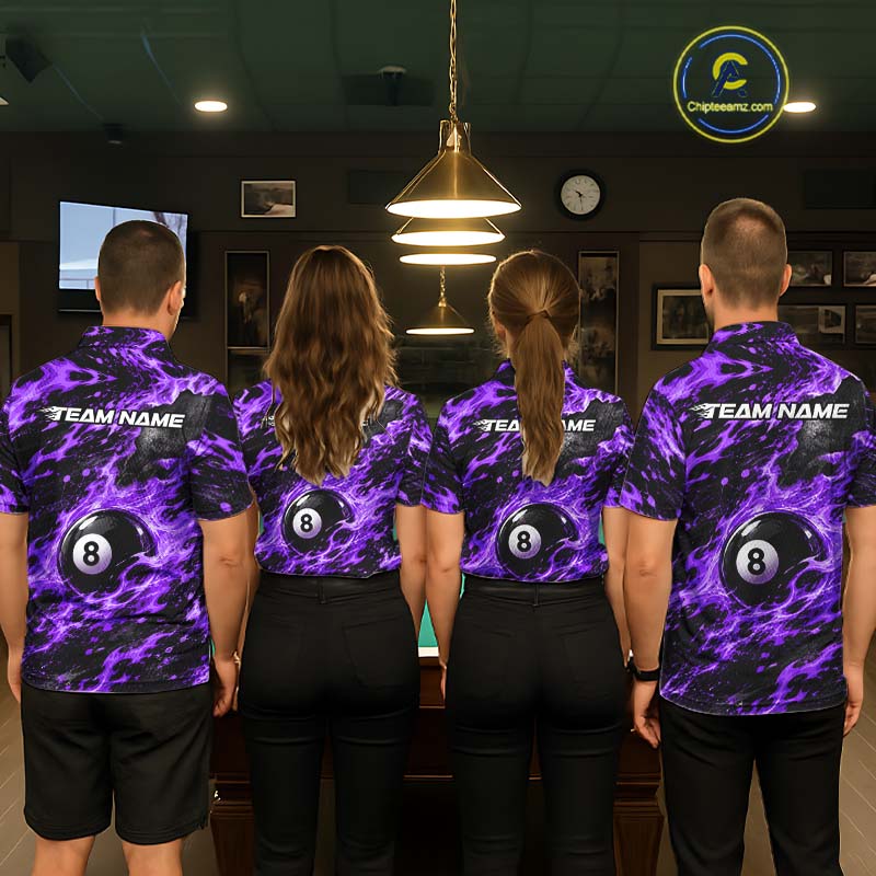 Fire Flame 8 Ball Pool Shirt For Women Custom Billiard League Team Polo & 1/4 Zip Jersey | Purple NYN4025