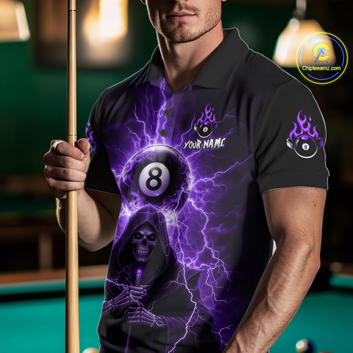 Grim Reaper Thunder Purple 8 Ball Pool Men Polo & 1/4-Zip Shirt Custom Billiards Ball Jerseys NYN2432