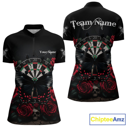Red Roses Dartboard Butterfly Skull Custom Women Darts Quarter-Zip Shirt Dart Team Jerseys NYN1910