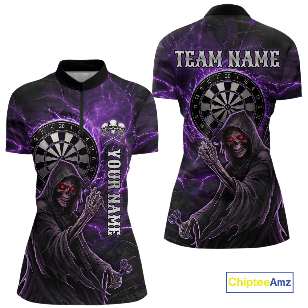 Grunge Purple Grim Reaper Women Darts Polo & 1/4-Zip Shirts Custom Thunder Lightning Darts Team Jersey NYN3037