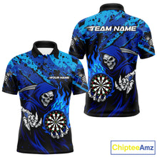Load image into Gallery viewer, Custom Grim Reaper Blue Flames Dartboard Dart Men Polo Shirt Splatter Grunge Dart Jerseys NYN1631