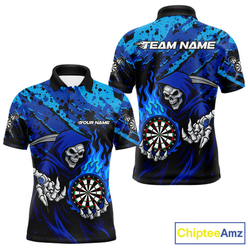 Custom Grim Reaper Blue Flames Dartboard Dart Men Polo Shirt Splatter Grunge Dart Jerseys NYN1631