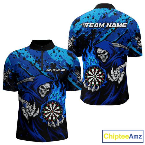 Custom Grim Reaper Blue Flames Dartboard Dart Men Polo Shirt Splatter Grunge Dart Jerseys NYN1631