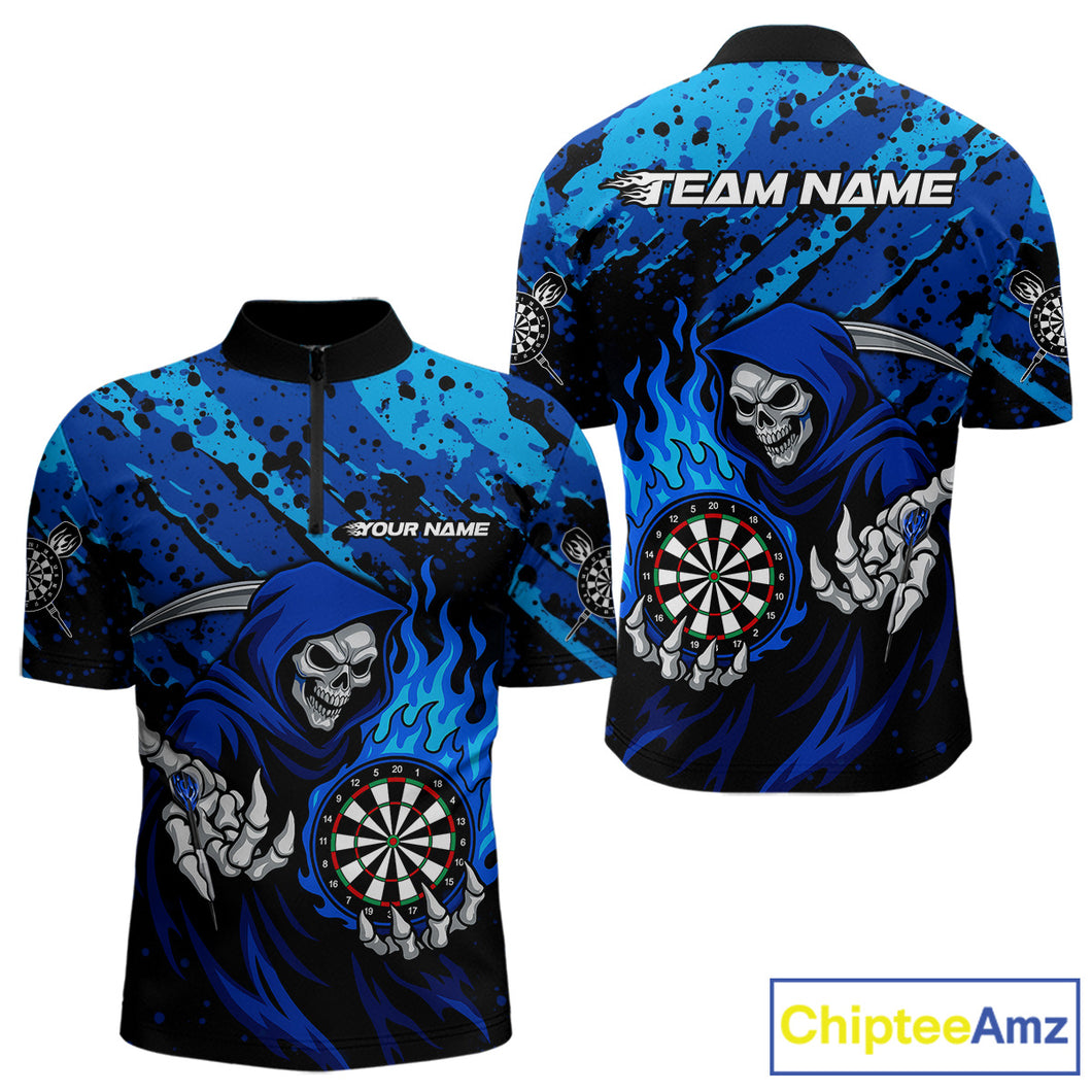 Custom Grim Reaper Blue Flames Dartboard Dart Men Polo Shirt Splatter Grunge Dart Jerseys NYN1631