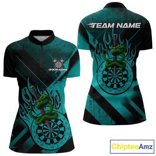 Custom Green Cobra Flames Dartboard Turquoise Grunge Dart Women 1/4-Zip Jerseys Dart Shirt Gifts NYN1644