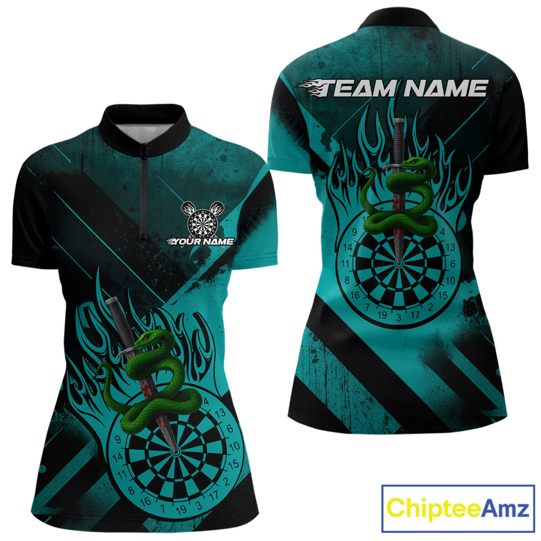Custom Green Cobra Flames Dartboard Turquoise Grunge Dart Women 1/4-Zip Jerseys Dart Shirt Gifts NYN1644