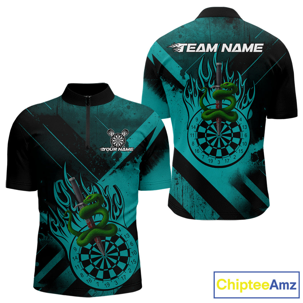 Custom Green Cobra Flames Dartboard Turquoise Grunge Dart Men 1/4-Zip Jerseys Dart Shirt Gifts NYN1644