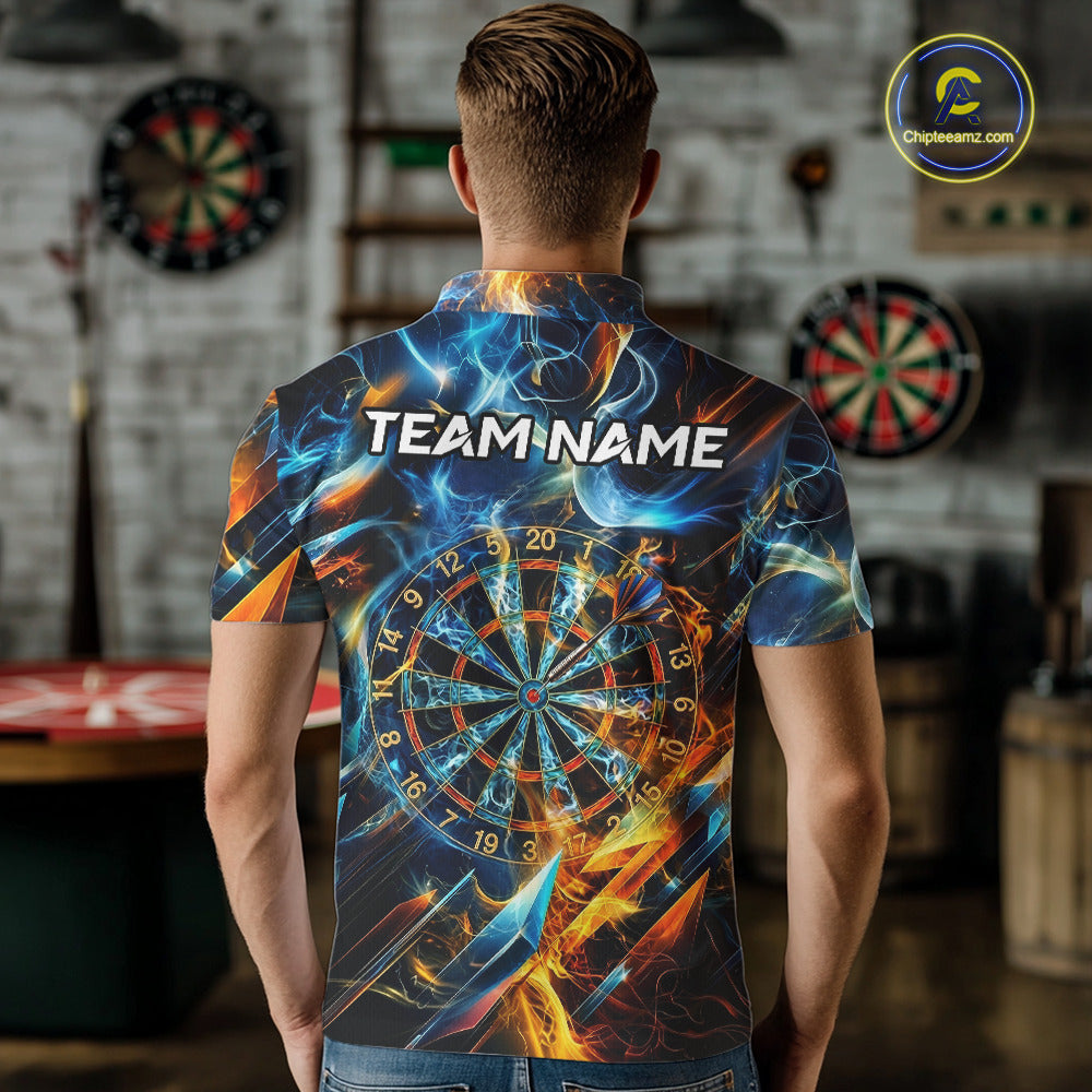 Icy And Fire Flame Dartboard Men Dart Polo & 1/4-Zip Shirt Custom Red And Blue Dart Team Attire NYN3210