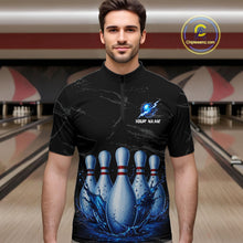 Load image into Gallery viewer, Male model wearing blue splatter bowling pin shirt custom bowling team jersey for league bowlers