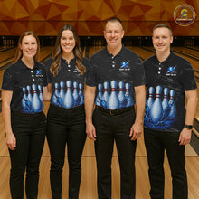 Load image into Gallery viewer, Bowling team wearing blue splatter bowling pin shirts custom grunge bowling team jerseys for tournaments