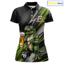 Load image into Gallery viewer, Green Funny Dinosaur women's billiard polo featuring beer-drinking dinosaur mascot, personalized 8 Ball pool league jersey, APA tournament apparel, humorous cue sports performance shirt, custom athletic billiard team uniform