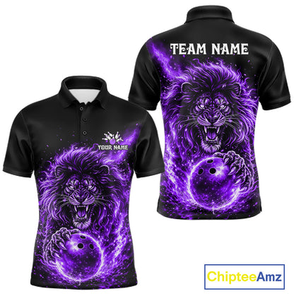 Personalized Purple Flame Lion Bowling Shirts For Men Custom Fire Lion Team Bowling Jersey NYN4066