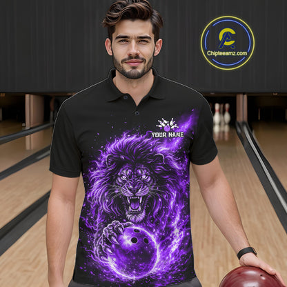 Personalized Purple Flame Lion Bowling Shirts For Men Custom Fire Lion Team Bowling Jersey NYN4066