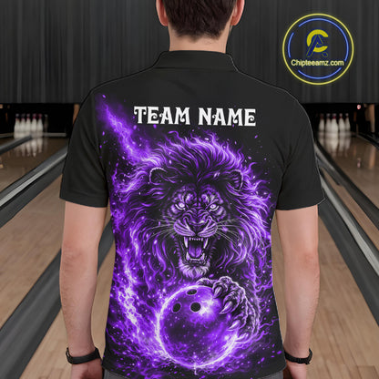 Personalized Purple Flame Lion Bowling Shirts For Men Custom Fire Lion Team Bowling Jersey NYN4066