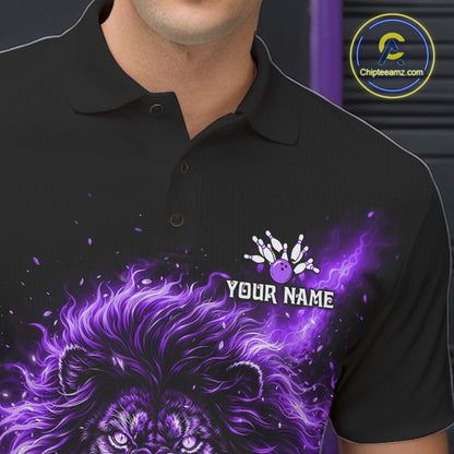 Personalized Purple Flame Lion Bowling Shirts For Men Custom Fire Lion Team Bowling Jersey NYN4066