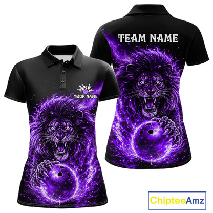 Personalized Purple Flame Lion Bowling Shirts For Women Custom Fire Lion Team Bowling Jersey NYN4066