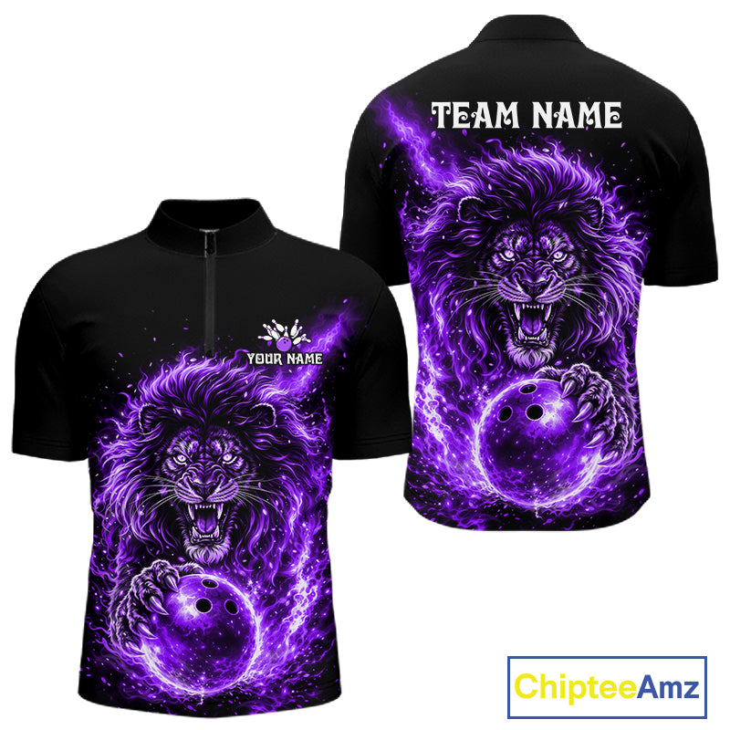 Personalized Purple Flame Lion Bowling Shirts For Men Custom Fire Lion Team Bowling Jersey NYN4066