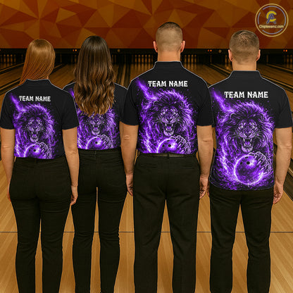 Personalized Purple Flame Lion Bowling Shirts For Men Custom Fire Lion Team Bowling Jersey NYN4066