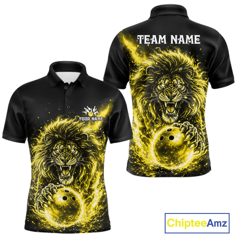 Personalized Yellow Flame Lion Bowling Shirts For Men Custom Fire Lion Team Bowling Jersey NYN4067