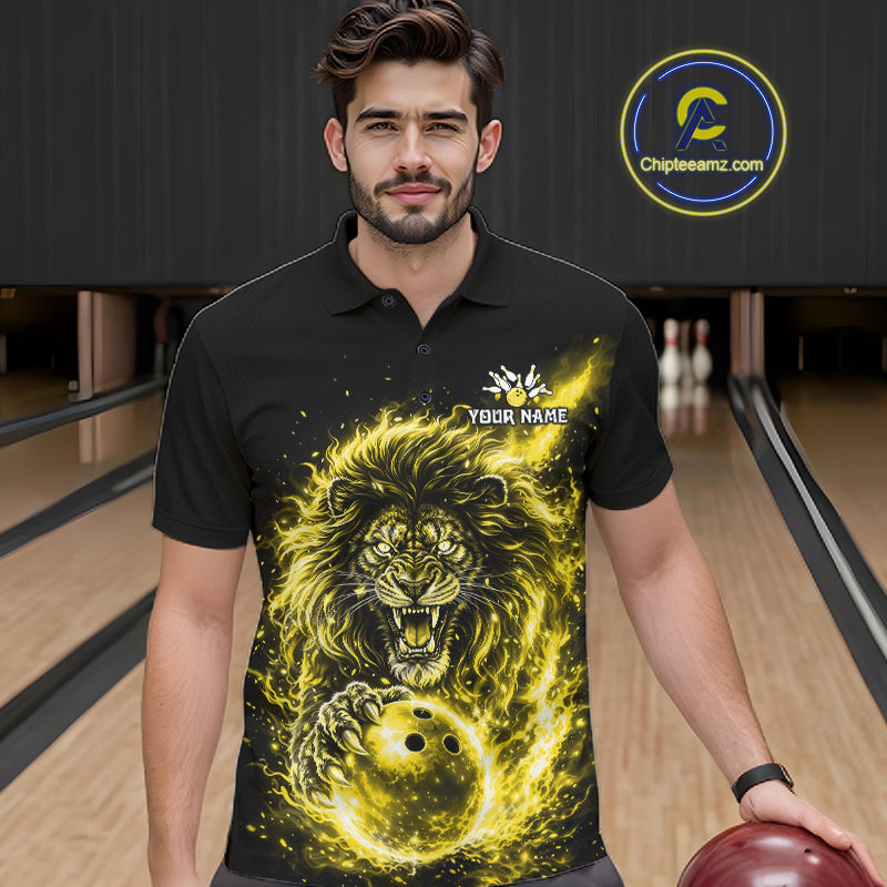 Personalized Yellow Flame Lion Bowling Shirts For Men Custom Fire Lion Team Bowling Jersey NYN4067
