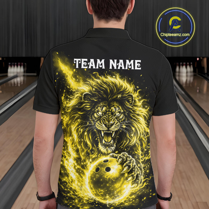 Personalized Yellow Flame Lion Bowling Shirts For Men Custom Fire Lion Team Bowling Jersey NYN4067