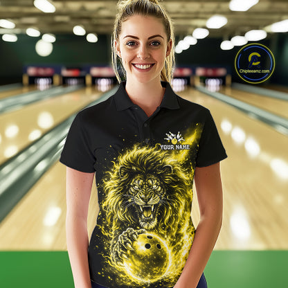 Personalized Yellow Flame Lion Bowling Shirts For Women Custom Fire Lion Team Bowling Jersey NYN4067