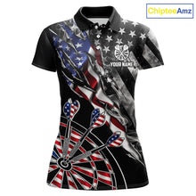 Load image into Gallery viewer, Personalized Smoke US Flag women's dart polo shirt custom patriotic dart team uniform, personalized dart jersey, dart league apparel, tournament dart shirt