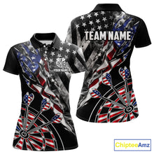 Load image into Gallery viewer, Personalized Smoke US Flag women's dart polo shirt custom patriotic dart team uniform, personalized dart jersey, dart league apparel, tournament dart shirt