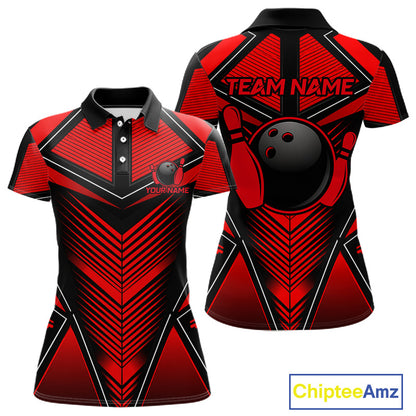 Woman wearing Black & Red Strikes Bowling Polo Shirt featuring dynamic bowling pin graphics, personalized bowling team apparel, moisture-wicking performance polo, tournament sportswear, custom bowling jersey.