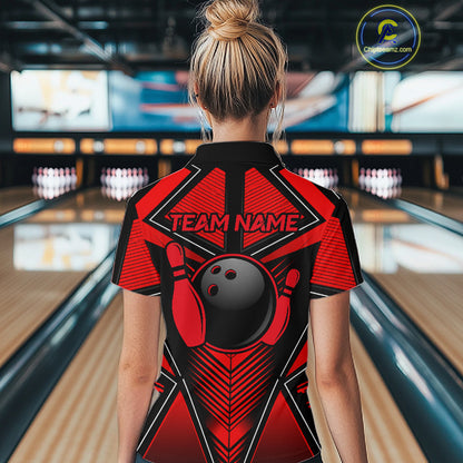 Female bowler celebrating strike while wearing Black & Red bowling jersey, custom bowling team apparel, championship sportswear, victory symbolism, league competition clothing.