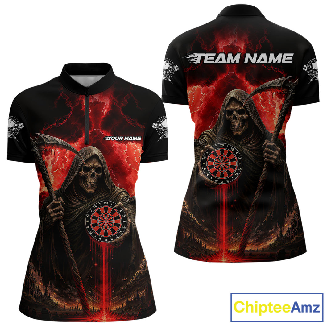 Custom Lightning Red Grim Reaper Dartboard Dart 1/4-Zip Shirt For Women Dart Team Jerseys NYN1418