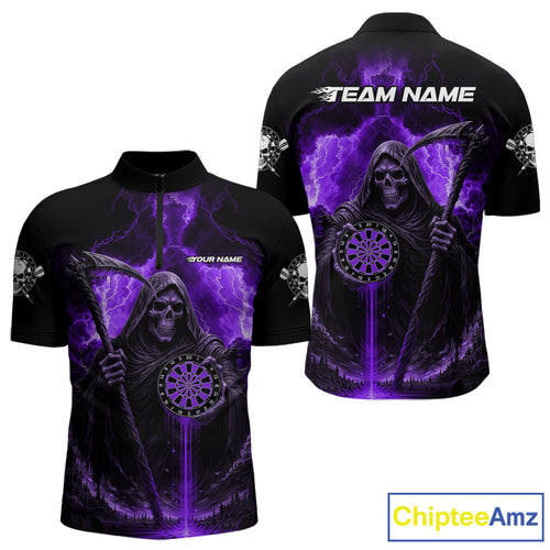 Custom Lightning Purple Grim Reaper Dartboard Dart 1/4-Zip Shirt For Men Dart Team Jerseys NYN1420