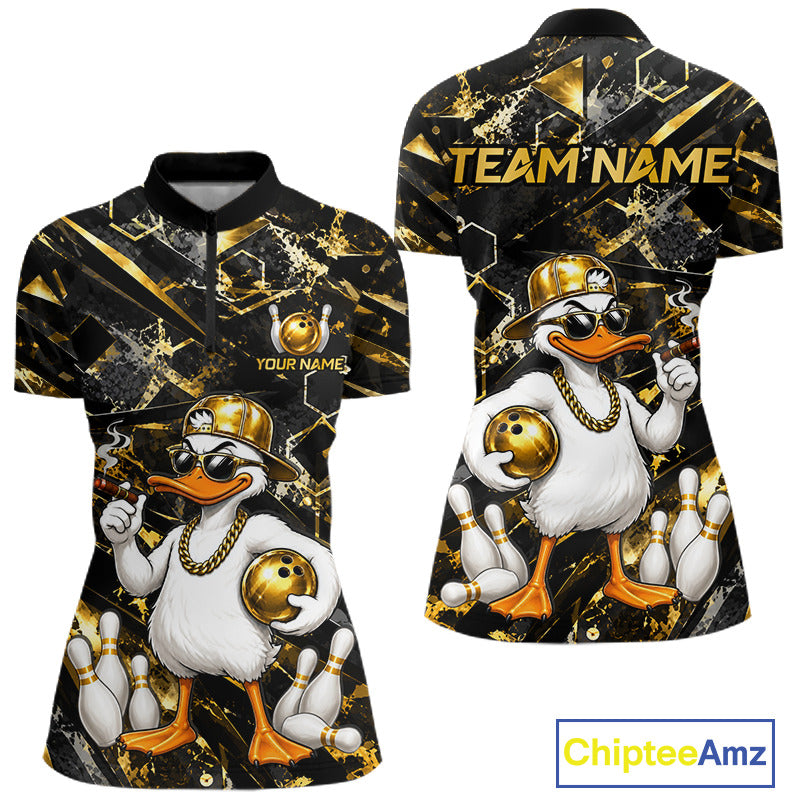 Funny Duck Quarter-Zip Bowling Shirt featuring grunge gold & black graphics, custom bowling team name, breathable athletic jersey, tournament-ready sportswear, humorous mascot design.
