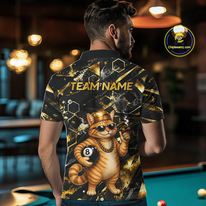 Male billiards player modeling Rich Cat jersey representing abundance, financial success, motivation, leadership, confidence, luxury sportswear, custom team clothing.