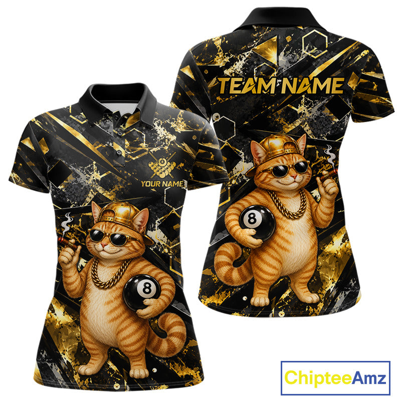 Gold & Black Funny Rich Cat 8 Ball Billiard Polo featuring a wealthy cat mascot with gold accents, personalized pool team name, breathable performance polo, custom 8 Ball tournament apparel, funny animal sportswear, luxury-inspired billiard jersey, casino theme, premium cue sports clothing