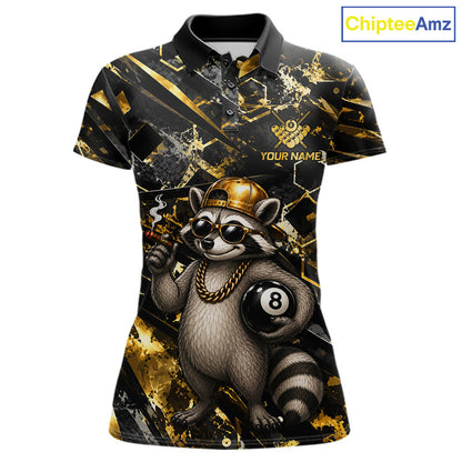 Gold & Black Funny Rich Raccoon 8 Ball Billiard Polo featuring a wealthy raccoon mascot with stacks of cash and gold accents, personalized team name, breathable performance polo, custom pool tournament jersey, funny mascot sportswear, luxury-inspired cue sports apparel.