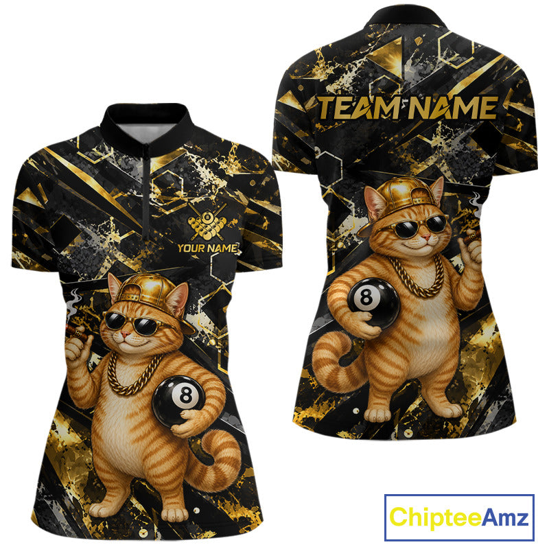 Funny Rich Cat Quarter-Zip Billiard Jersey featuring gold and black graphics, custom player name, quick-dry cue sports apparel, championship tournament uniform, playful mascot theme.