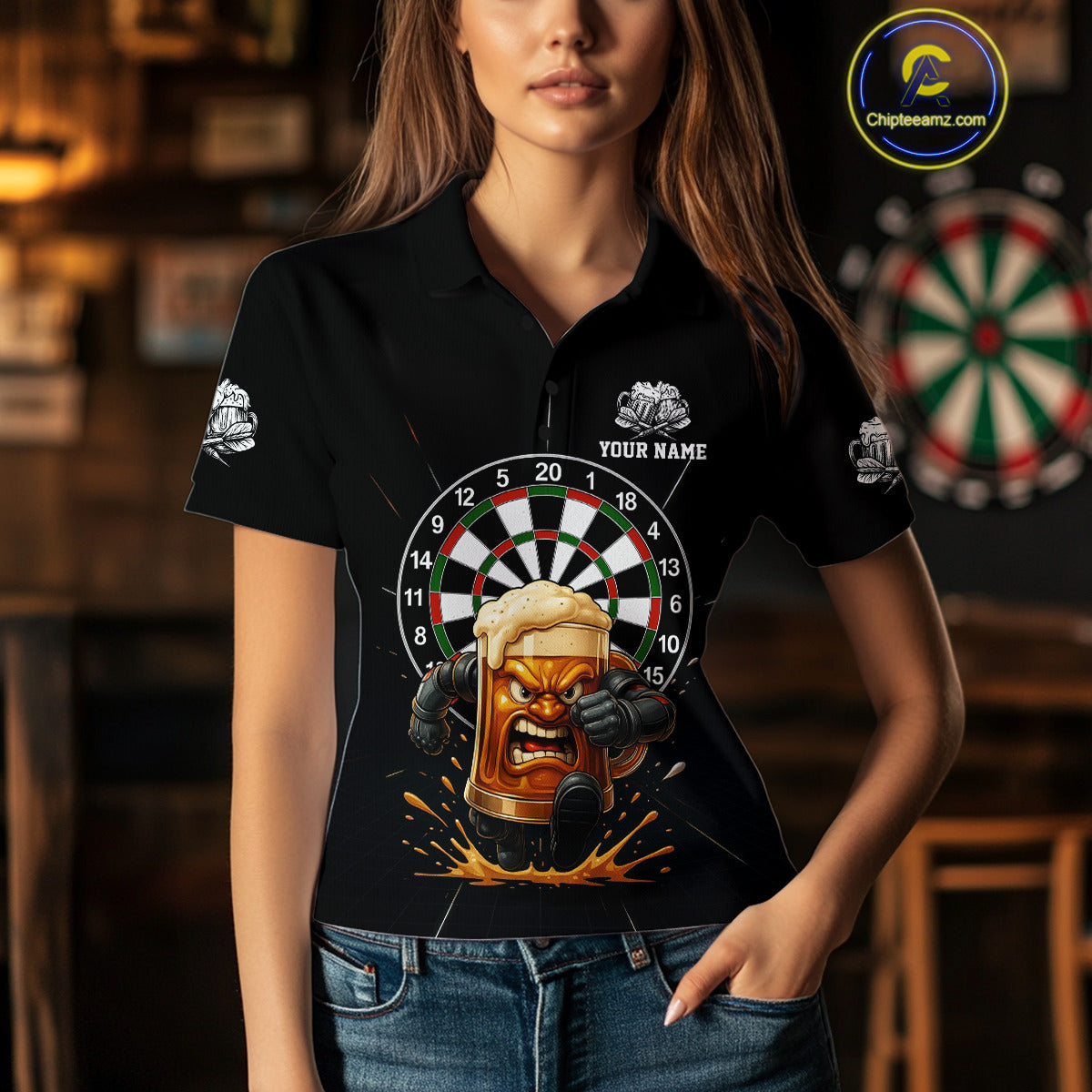 Funny Running Beer Robot & Dartboard Custom Women Darts Quarter-Zip Shirt Funny Dart Jerseys NYN1946