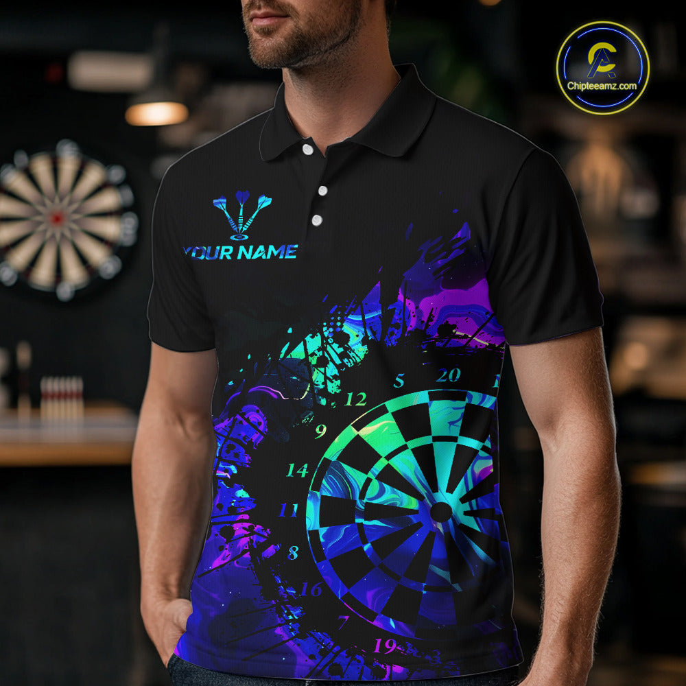 Blue Holographic Dartboard Grunge Darts Polo Shirts For Men Custom Name For Darters NYN2706