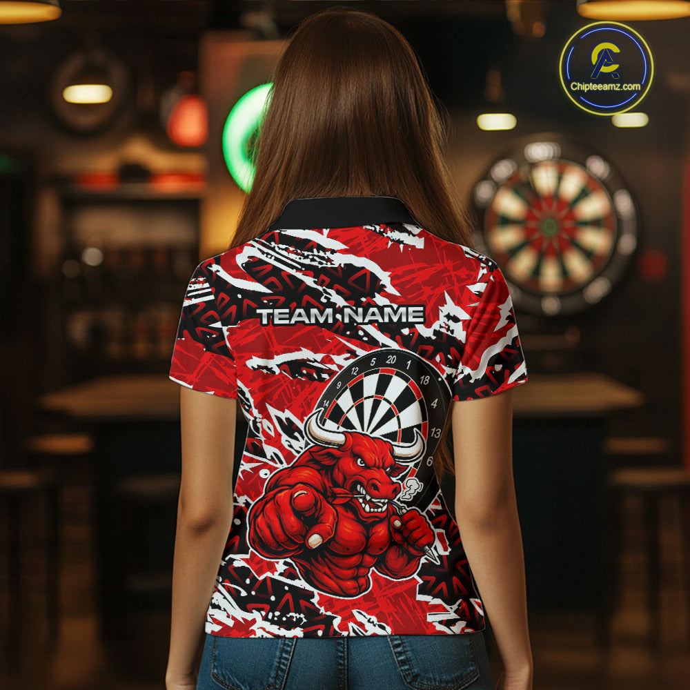 Personalized Women Darts Bull Grunge Red Polo Shirt Custom Name Polo 1/4-Zip Shirt Gift For Darters NYN2856