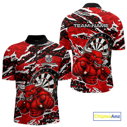 Personalized Men Darts Bull Grunge Red Polo Shirt Custom Name Polo 1/4-Zip Shirt Gift For Darters NYN2856