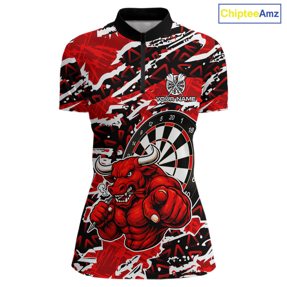 Personalized Women Darts Bull Grunge Red Polo Shirt Custom Name Polo 1/4-Zip Shirt Gift For Darters NYN2856