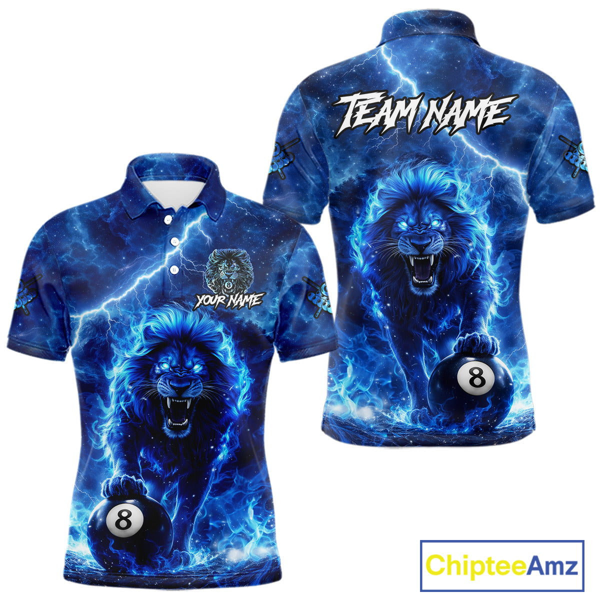 Personalized Billiards Shirt Blue Flames Lion 8 Ball Pool For Men Billiard Jersey Customized Name NYN2860