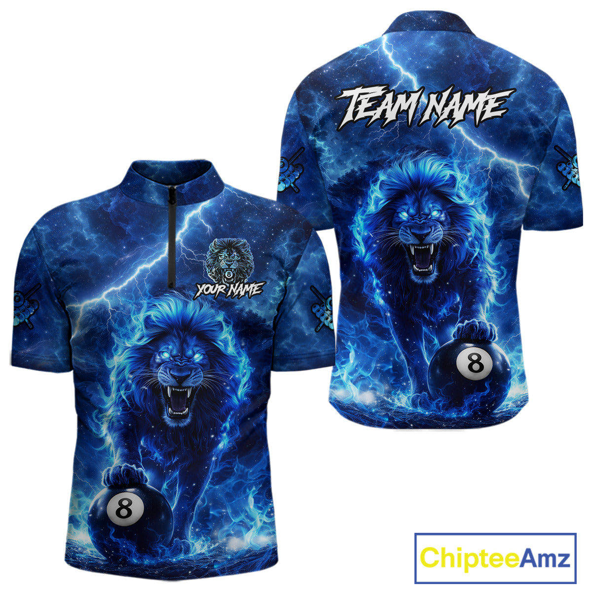 Personalized Billiards Shirt Blue Flames Lion 8 Ball Pool For Men Billiard Jersey Customized Name NYN2860