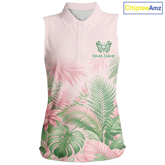 Personalized Green And Pink Tropical Pattern Custom Golf Sleeveless Polo Shirt For Women Golf Team Clothes NYN2864