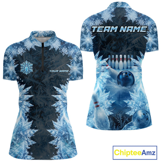Icy Womens Bowling Shirts Custom Snowflake Icy Bowling Ball And Pins Team League Bowler Jerseys NYN3070